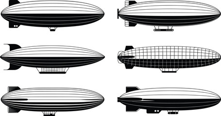 Vintage zeppelin airship silhouette vector pack featuring retro blimp aircraft dirigible transport icons and steerable balloon flight graphics © mdtanjimul