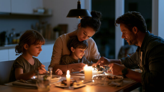 Family enjoying candlelight dinner during power outage, parents and children eating together at home