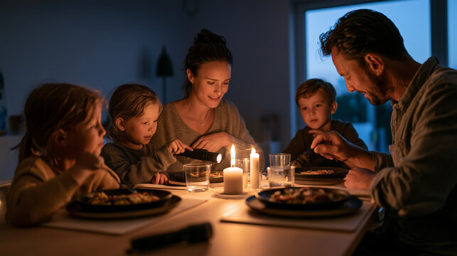 Family of four eating dinner in the dark, using candles and a flashlight, sharing a special moment at home