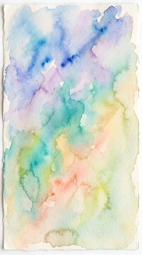 Abstract watercolor painting featuring a soft blend of pastel blue green yellow and pink colors on textured white paper background artistic design
