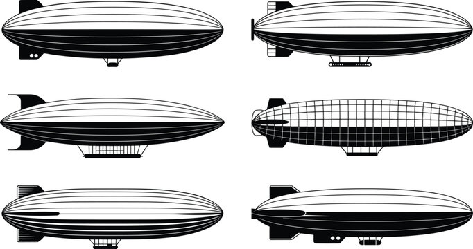 Vintage zeppelin airship silhouette vector pack featuring retro blimp aircraft dirigible transport icons and steerable balloon flight graphics