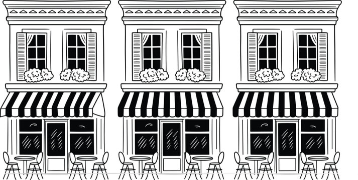 Vintage street cafe building facade vector set featuring classic storefronts striped awnings outdoor tables and decorative window boxes