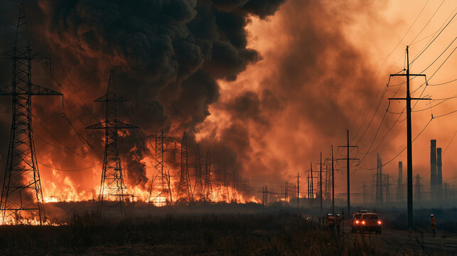 Wildfire threatening power infrastructure and industrial facilities with firefighters responding to the emergency