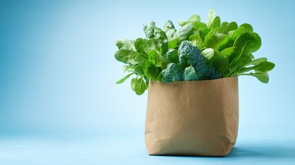Naklejka premium Paper bag filled with leafy greens on light blue background