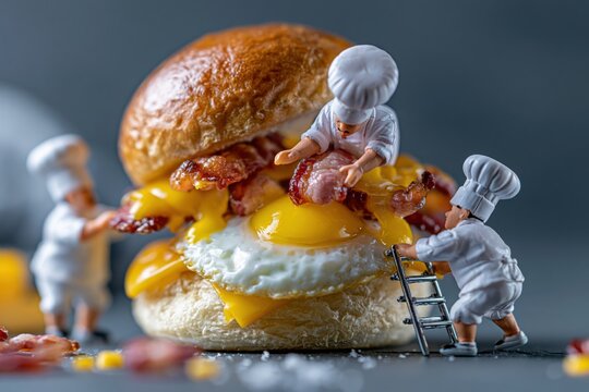 Miniature chefs work together to build a breakfast sandwich in a playful scene
