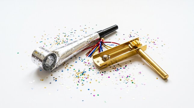 Party noisemaker and gragger scattered with colorful confetti on a white background