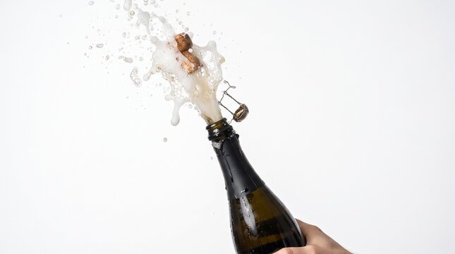 Champagne bottle cork popping with foam and bubbles exploding against a white background