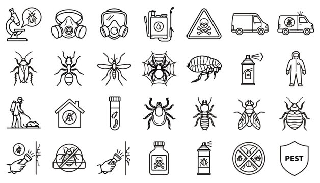 Pest control and extermination service in black outline style on white background
