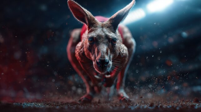 Muscular kangaroo in gear sprinting on a night track with glowing dust and bright lights