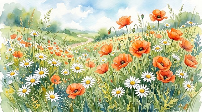 Beautiful watercolor painting of a vibrant summer meadow filled with red poppies and white daisies under a soft bright blue sky