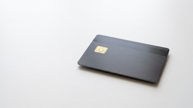 Modern dark gray credit card with gold chip on a clean white background with copy space