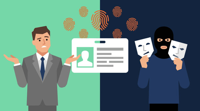 Identity theft and personal data breach concept with a confused businessman and a thief holding masks