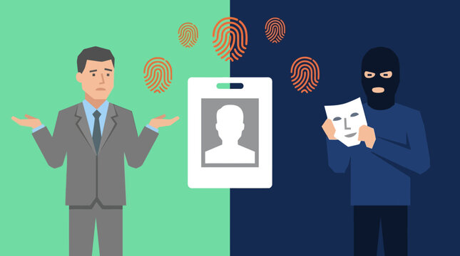 Identity theft concept illustration with a confused businessman and a thief wearing a mask and holding an identification card