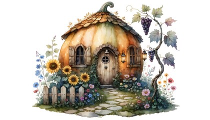 Fototapeta premium Whimsical pumpkinshaped house surrounded by colorful flowers and vines