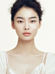 Fototapeta premium A woman poses in a soft ivory dress showcasing light makeup and a bright background