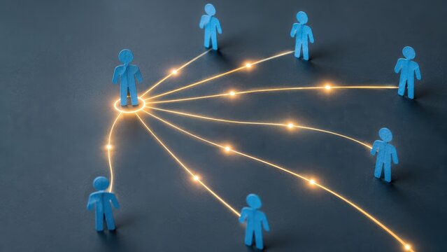 Blue wooden people figures connected by glowing lines in a centralized communication network