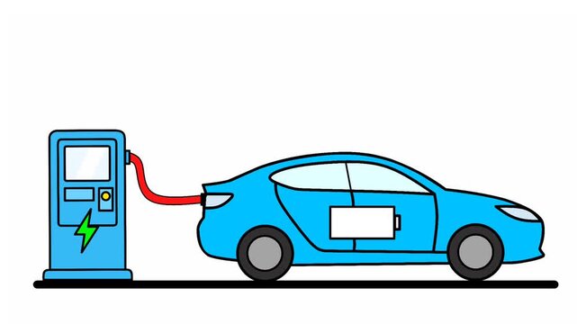 Electric vehicle plugged into a charging station with battery filling up animation.