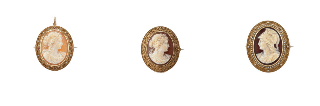 Vintage cameo brooches and carved portrait pendants isolated on white background, antique jewelry and classic accessory PNG graphic element for fashion design projects