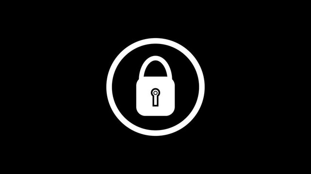 Animated white line circle loading transforming into padlock security icon on black background, privacy protection processing status indicator, secure access UI UX motion graphic video element.