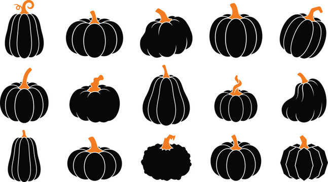 Halloween pumpkins in a grid pattern with orange stems on white background