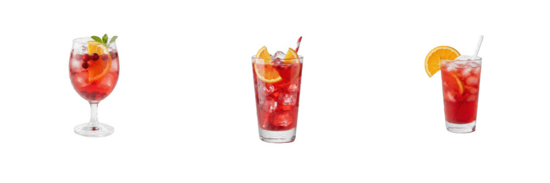 Red cocktails with ice and orange slices isolated on white background, refreshing summer drinks and beverages PNG graphic element for bar design projects