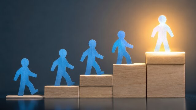 Blue paper figures climbing wooden steps toward a glowing white figure at the top