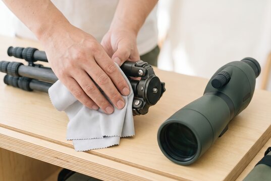 Hands wiping a black camera tripod with a cloth next to a green spotting scope