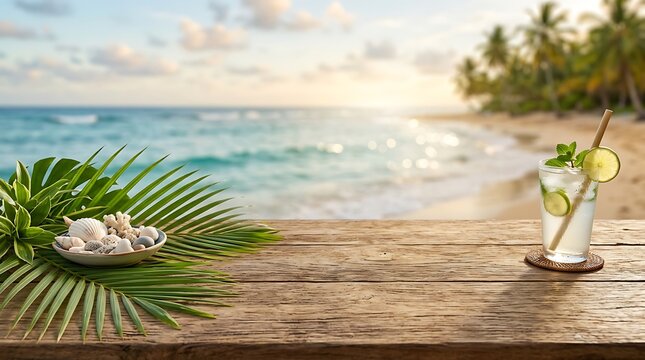 A refreshing tropical cocktail with lime and mint sits on a rustic wooden table overlooking a beautiful sunny beach at sunset time
