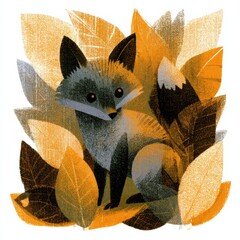Fototapeta premium Fox is surrounded by colorful leaves depicting autumn in a storybook style illustration. The warm tones celebrate the seasonal change.