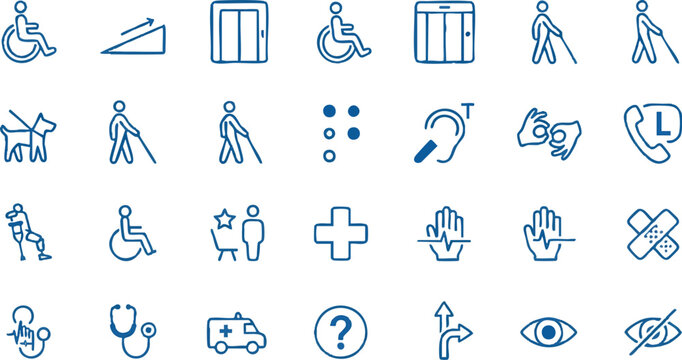 Modern accessibility icon set for universal design. Vector symbols for disability, inclusion, and ADA compliance in flat line style.