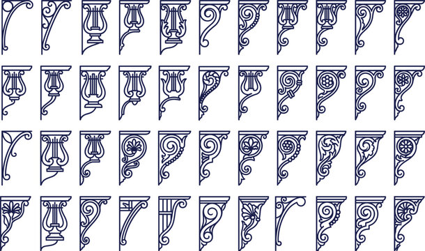 Architectural corbel designs and decorative bracket ornaments in various classical styles.
