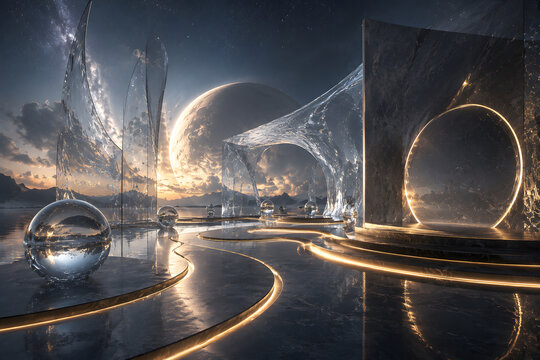 Futuristic Celestial Portal with Reflective Black Marble and Giant Moon Landscape