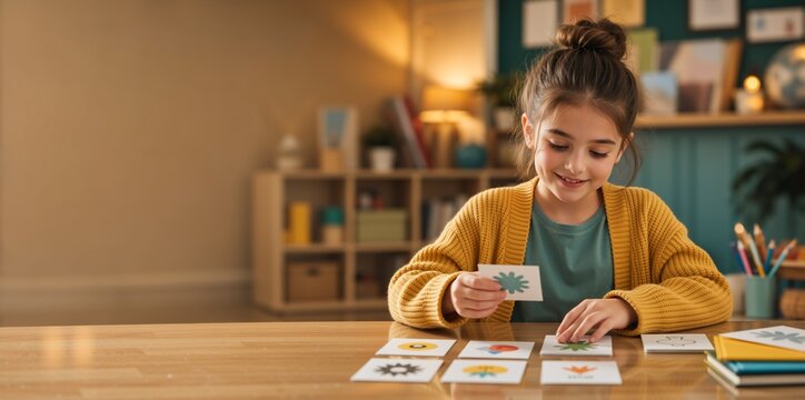 Young girl playing with educational flashcards at a wooden table. Child learning through matching game in a cozy room. Early childhood development concept