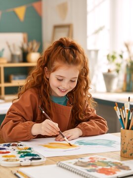 Young girl with curly red hair painting with watercolors. Happy child in art class wearing apron. Creative education concept