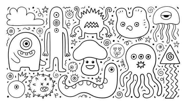 Hand drawn monster doodle collection, cute alien characters line art, whimsical creature coloring page elements, black and white cartoon monsters