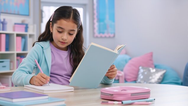 Young girl writing in a notebook while reading a book. Diligent student studying at her desk in a colorful room. Homework and education concept