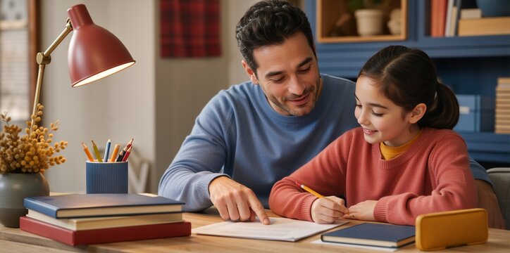 Father helping his young daughter with homework at a desk. Happy family learning together at home. Parent guiding child with schoolwork
