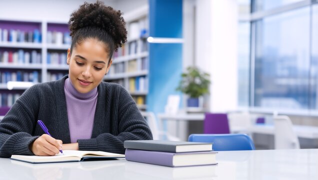 Young female student writing in a notebook in a library. Curly haired woman studying at a desk with books. Higher education and learning concept