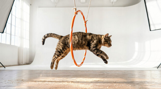 Cat jumping through orange hoop in bright studio environment  