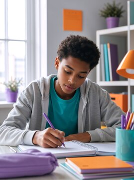 Teenage boy writing in a notebook at his desk. African American teen student doing homework in his room. Education and study concept