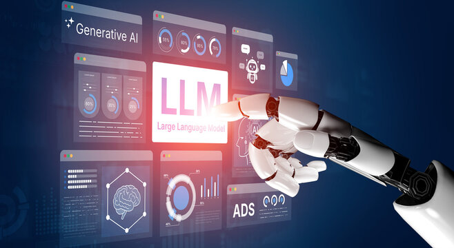 Large Language Model LLM processing data. Represents deep text learning, natural language processing NLP AI tech, transformer architecture, and generative AI deep learning future technology. Corpus