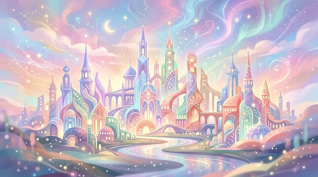 A whimsical fantasy cityscape featuring tall colorful towers and glowing lights under a dreamy pastel sky with soft clouds and sparkling stars