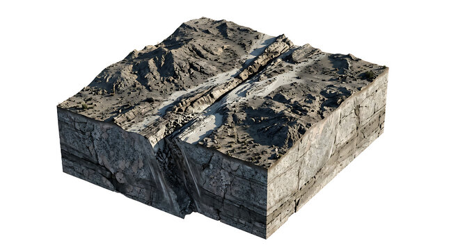 Isolated 3D geological cross section of a tectonic fault plane in earth crust