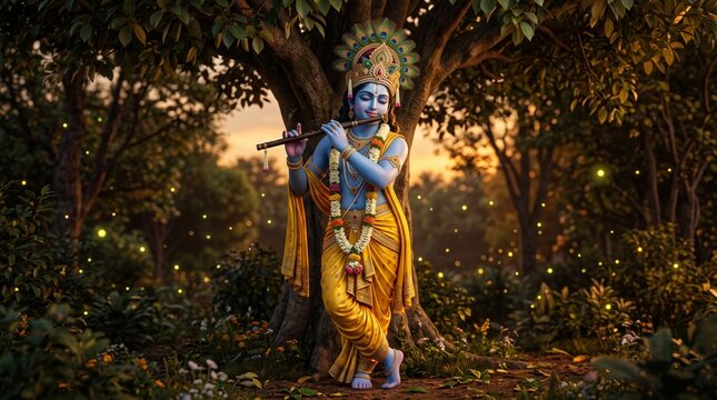Divine Lord Krishna playing the flute in a mystical forest at dusk with golden light