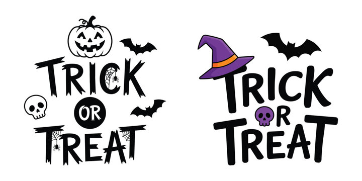 Trick or treat halloween text designs with pumpkins, skulls, witch hats, spiders and bats.