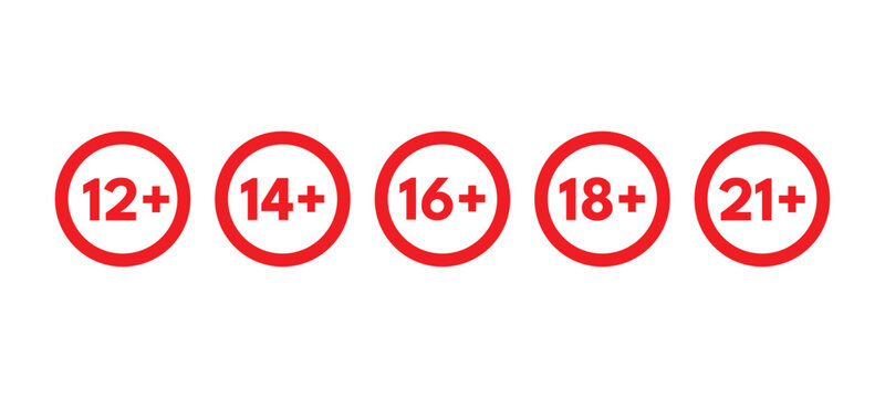 Age restriction icons showing 12+, 14+, 16+, 18+, 21+ in red circles for content control.