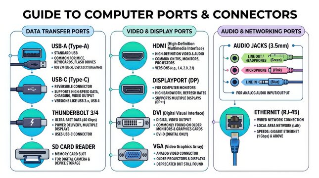 Guide to computer ports and connectors vector illustration with labeled depictions of various interface types audio jacks connector port data