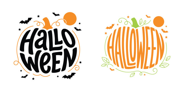 Creative halloween pumpkin shape lettering and decorative typography vector illustration with bats and moon for seasonal holiday greeting.