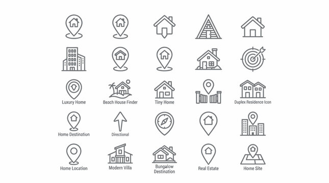 Minimalist line art icons for real estate and business concepts.