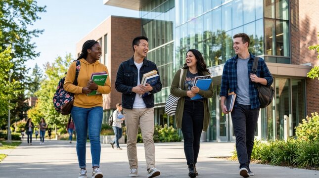 Four college students walking outdoors with textbooks a bright and sunny campus scene academia adult books casual cheerful classmates community